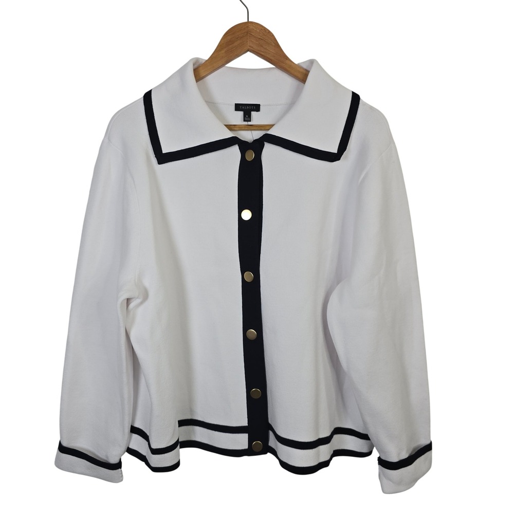 Talbots Womens XL White Black Tipped Sailor Collar Cardigan Sweater Gold Buttons